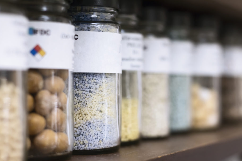 fertilizer products on a shelf