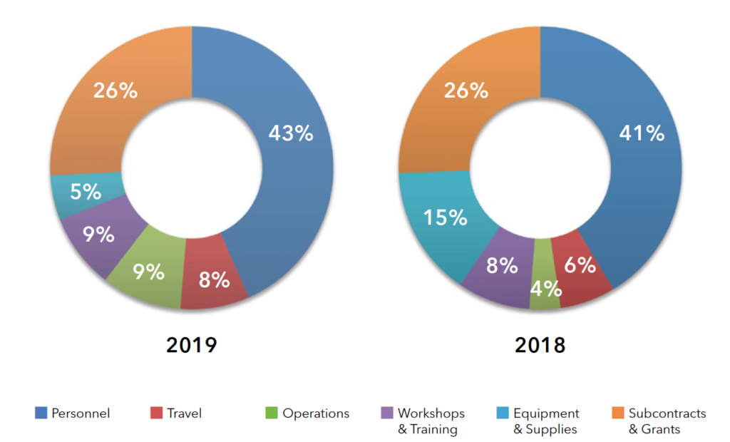 Two pie charts displaying expenses for 2019 and 2018