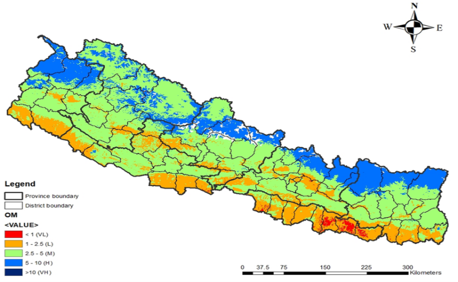 Organic matter content across different geographic regions of Nepal (prepared by Nepal Agricultural Research Council and Nepal Seed and Fertilizer Project, 2020)