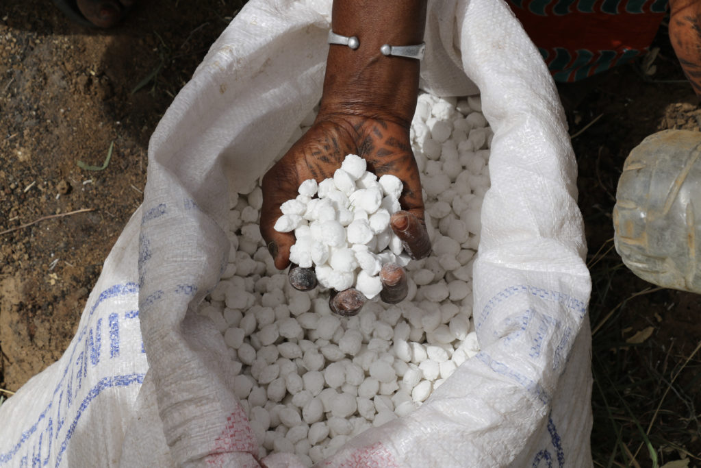 Hand holding fertilizer briquettes