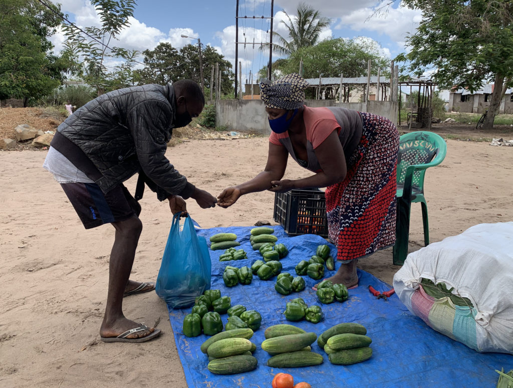 Flora selling surplus cucumbers and green pepper harvested from her field.