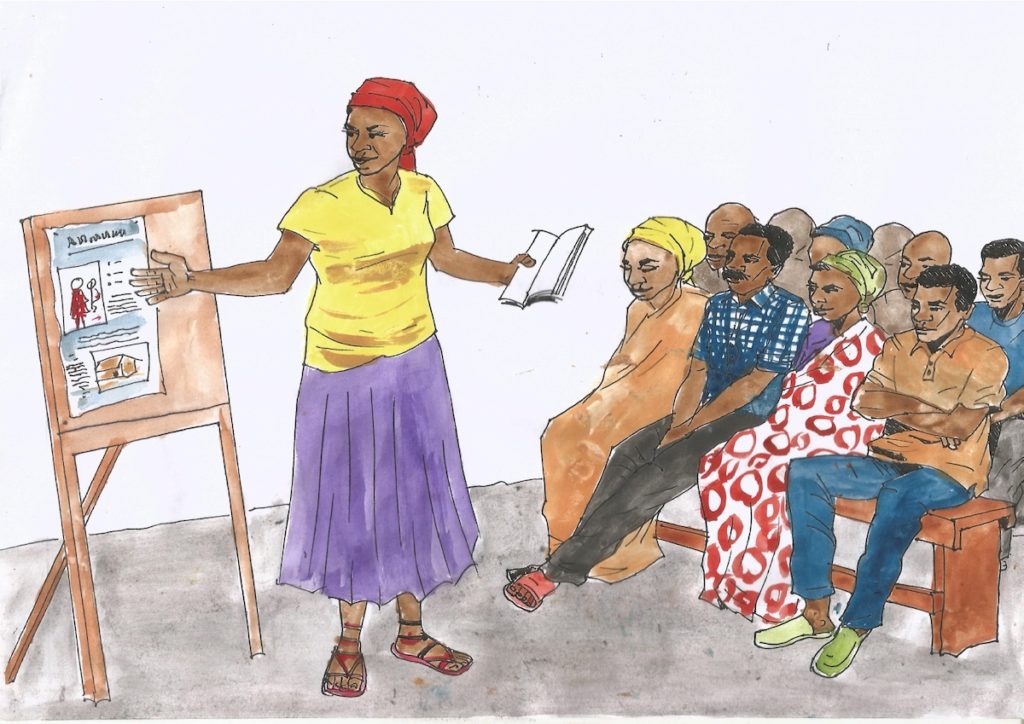 Illustration of a woman teaching Burundian farmers