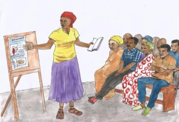 Illustration of a woman teaching Burundian farmers