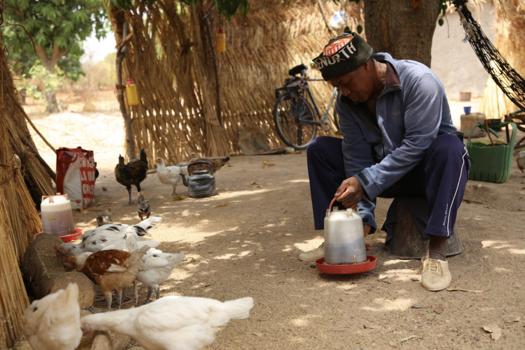 Man sits in blue coveralls holding a silver and red feeder for chickens
