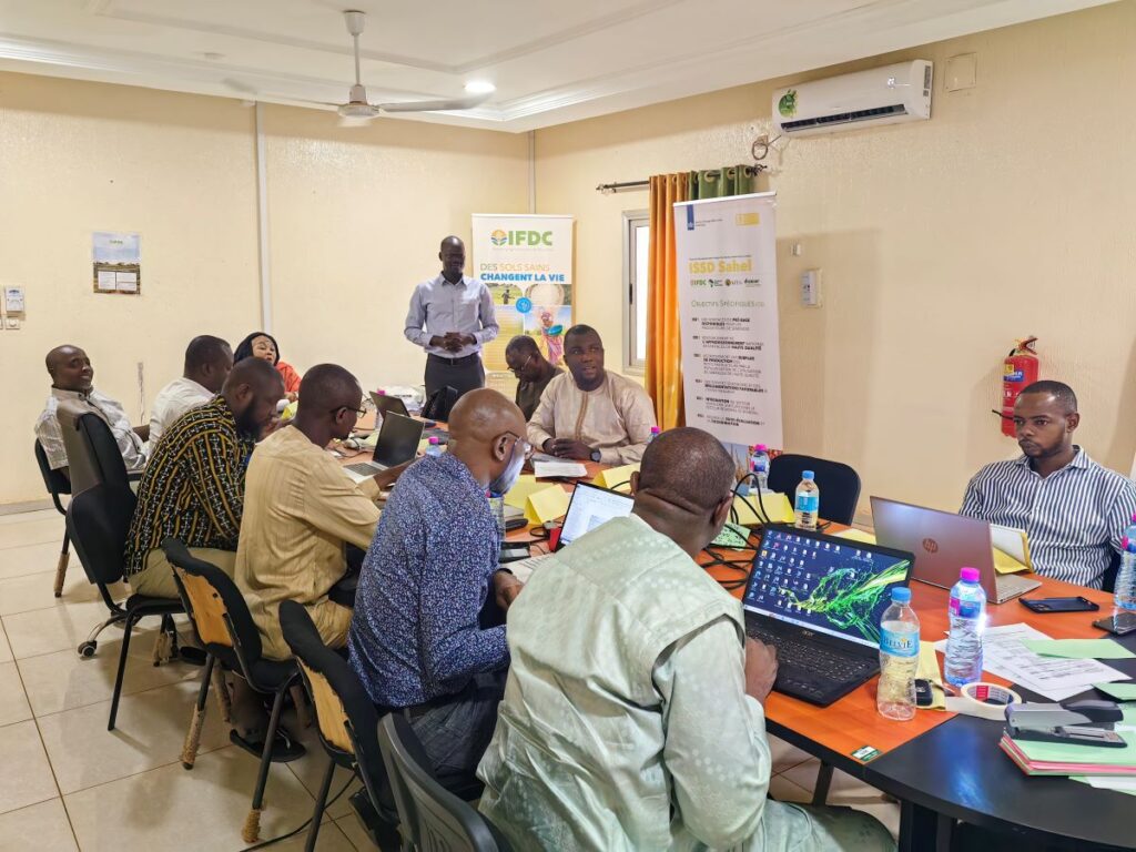 Nigerien researchers and experts gathered around a table in the IFDC office in Niamey.