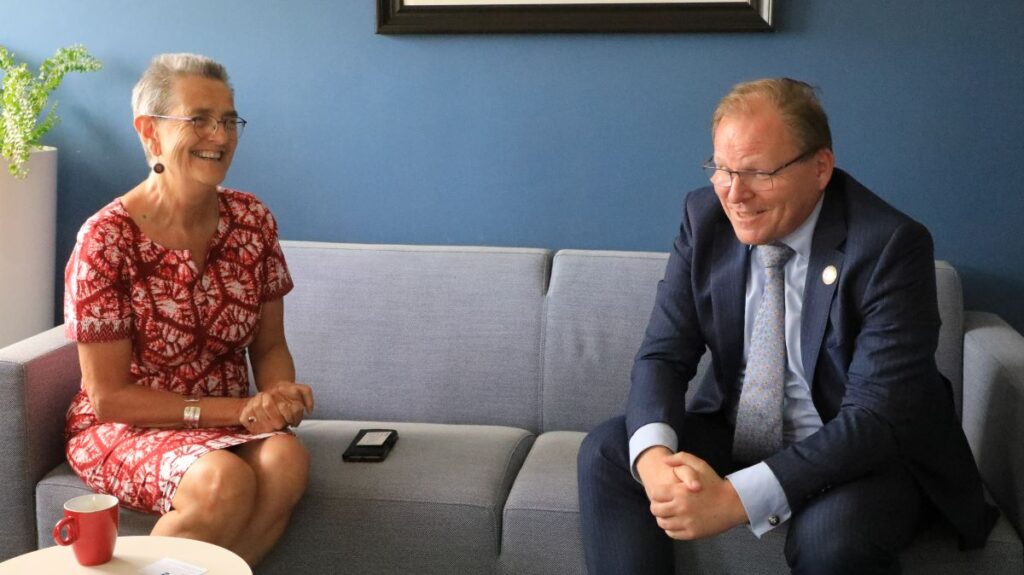 The President & CEO, Henk van Duijn, (right) discussing IFDC's vision and projects in Benin with the Netherland's Ambassador, the Honorable Mrs. To Tjoelker.