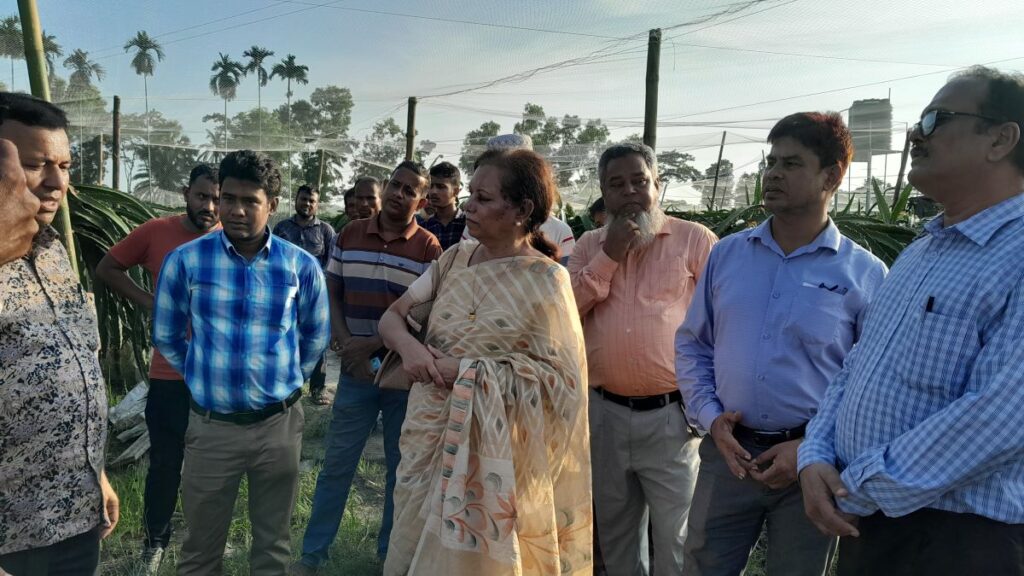 A group of people standing in a field, visiting demonstration plots.