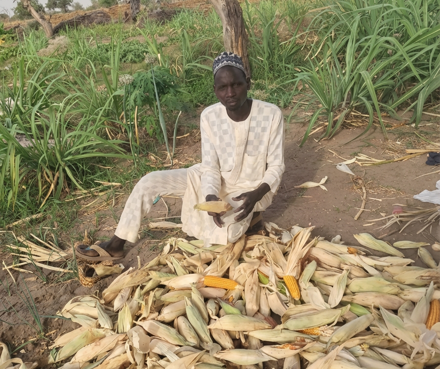 Ibrahim Inoussa sits by a multitude of harvested corn from the applied soil fertility approaches gained by training done from Soil Values.