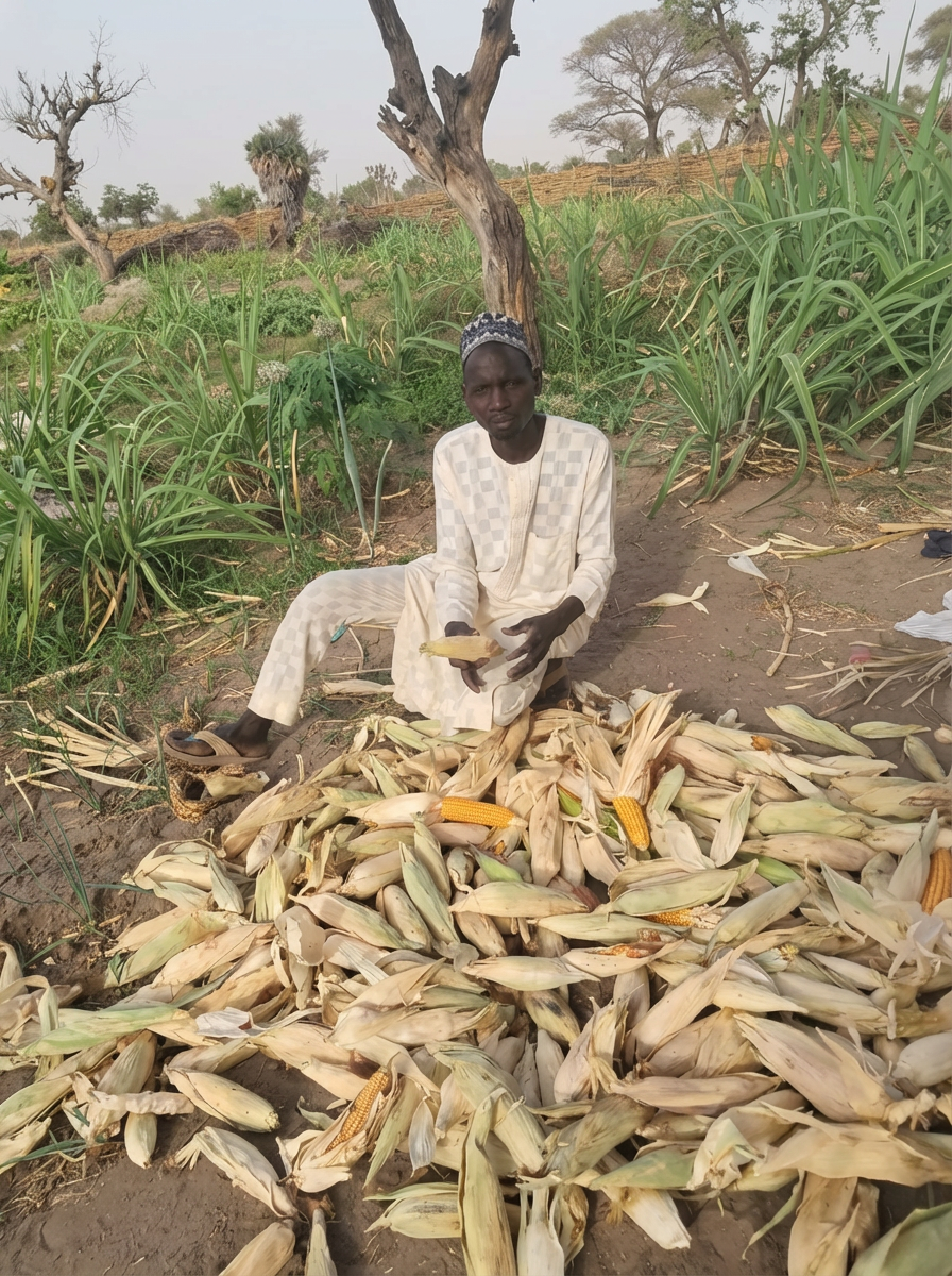 Ibrahim Inoussa sits by a multitude of harvested corn from the applied soil fertility approaches gained by training done from Soil Values.