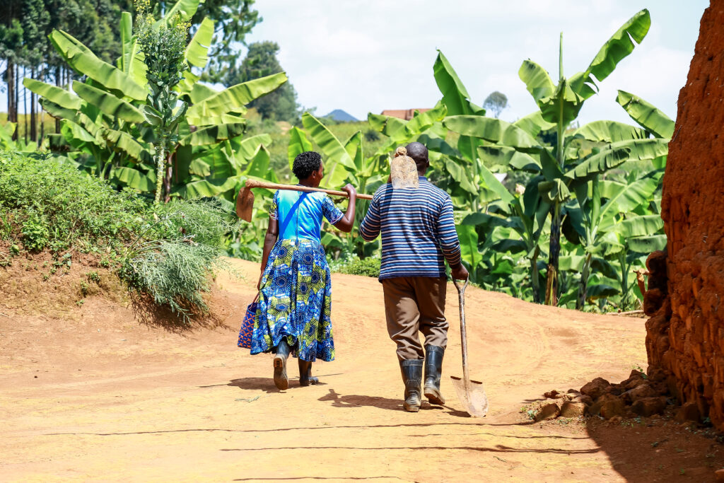 A farmer couple walking to tend to their field.
