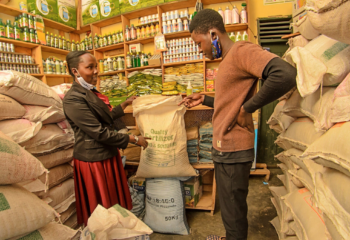 Fertilizer being sold in an agricultural input shop. 